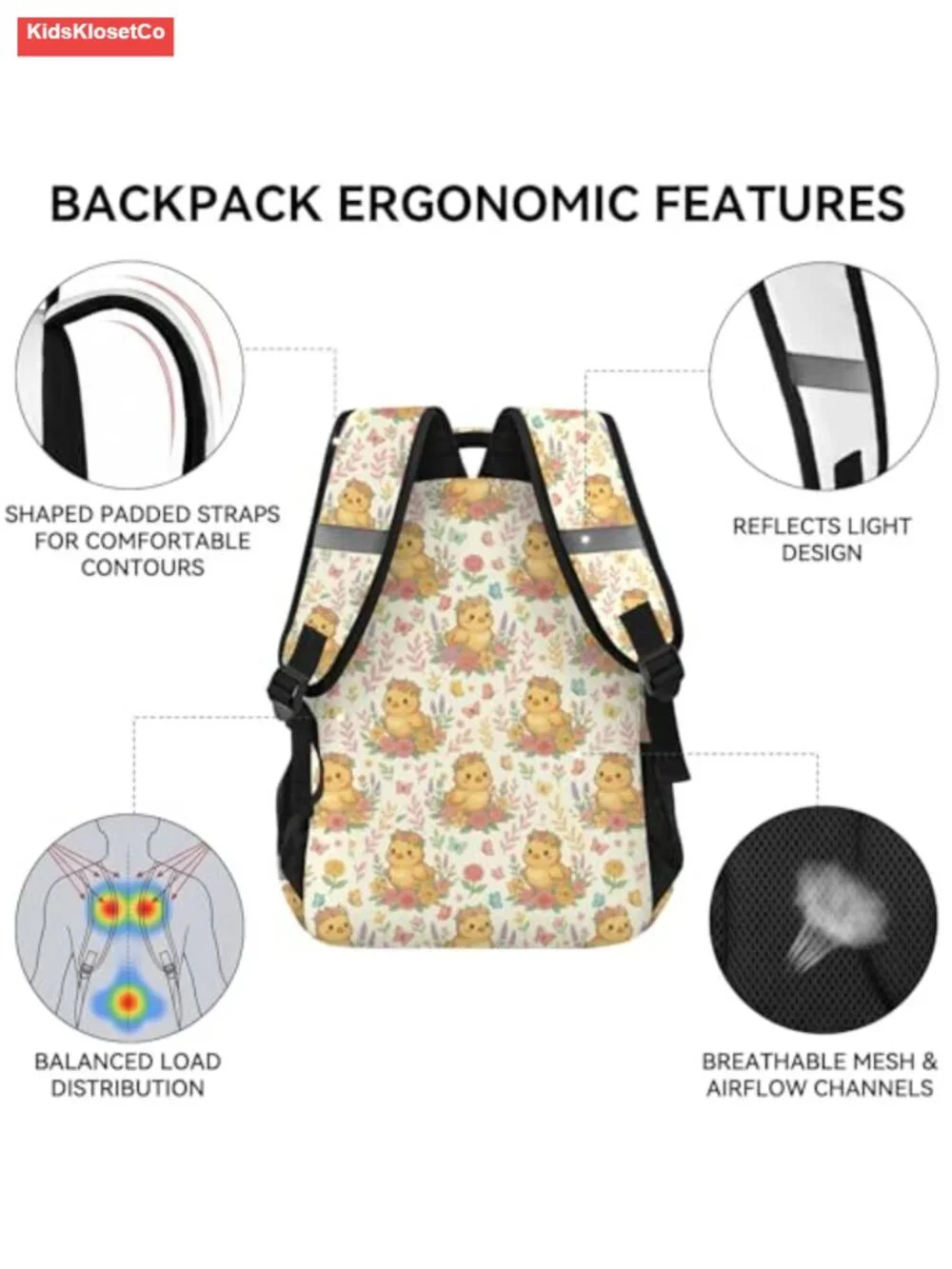 Cute Floral Chicken Backpack for Girls, School Bookbag with Reflective Strip,